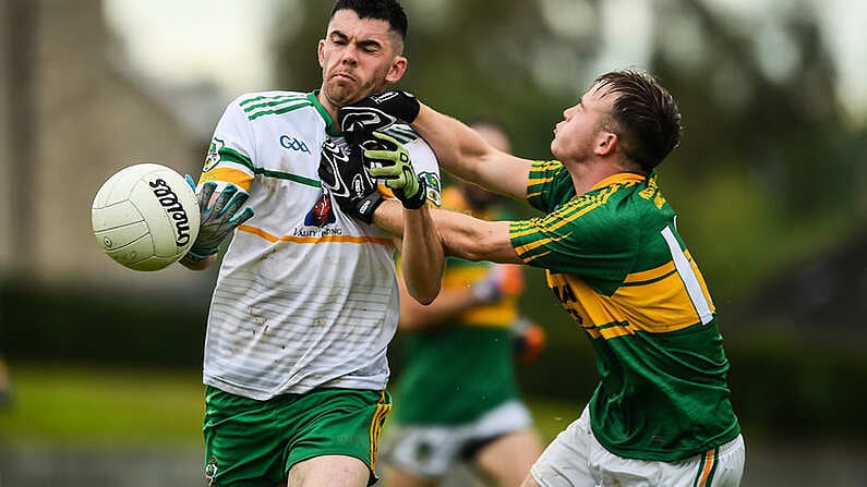 2 August 2020; David Eakin of Carrickmacross in action against Craig Callen of Castleblaney during the Monaghan Senior Football Championship Group 2 Round 2 match between Carrickmacross Emmets GFC and Castleblayney Faughs at Carrickmacross Emmets GFC in Monaghan. GAA matches continue to take place in front of a limited number of people in an effort to contain the spread of the Coronavirus (COVID-19) pandemic. Photo by Philip Fitzpatrick/Sportsfile