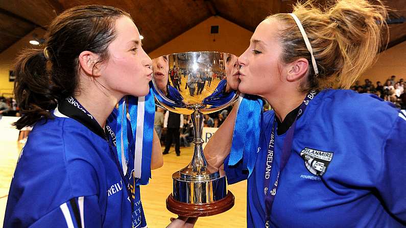 25 January 2009; Sisters Niamh, left, and Grainne Dwyer of Team Montenotte Hotel, Glanmire, celebrate with the cup after the game. Women's Superleague Cup Final, Bausch & Lomb Wildcats, Waterford, v Team Montenotte Hotel, Glanmire, Cork, National Basketball Arena, Tallaght. Picture credit: Brendan Moran / SPORTSFILE