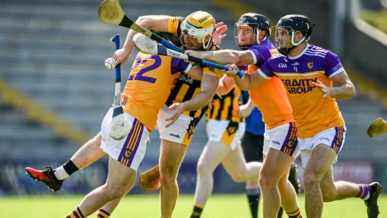 9 August 2020; James Cash of Shelmaliers in action against Faythe Harriers players, from left, Wayne Mallon, Paul Murphy and Colm Heffernan during the Wexford County Senior Hurling Championship Quarter-Final match between Faythe Harriers and Shelmaliers at Chadwicks Wexford Park in Wexford. Photo by Harry Murphy/Sportsfile