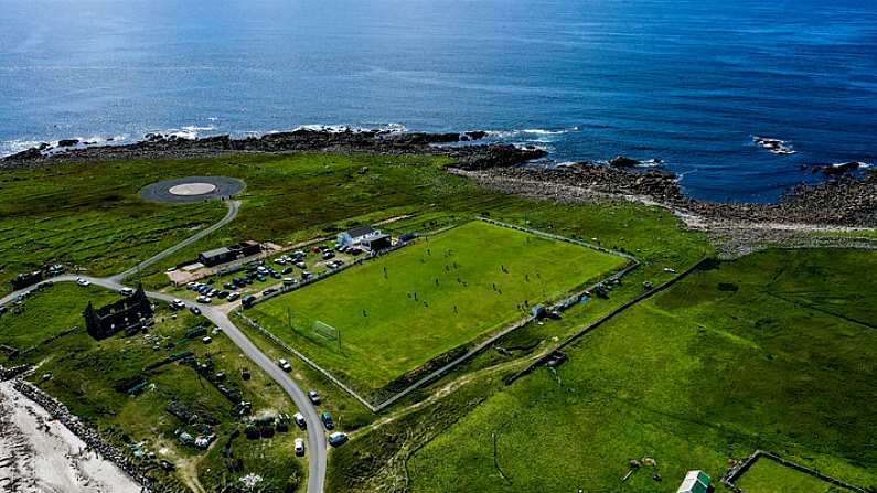 8 August 2020; A view of action during the Donegal Junior League Glencar Inn Division One match between Arranmore United and Milford United Reserves at Rannagh Park in Arranmore, Donegal. The island of Arranmore is off the west coast of County Donegal, with a population of 469. Photo by Ramsey Cardy/Sportsfile