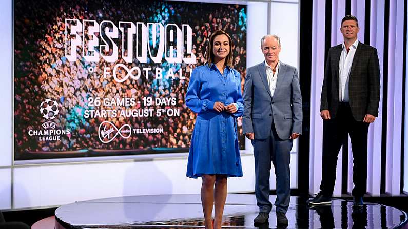 3 August 2020; Niamh Kinsella, Virgin Media Television Sports reporter and presenter, with Virgin Media Sport analysts Brian Kerr and Niall Quinn, right, at Virgin Media Television's Festival of Football that starts this week with twenty-six games in both the UEFA Champions League and Europa League, played across nineteen days, all live on Virgin Media Television channels. Photo by Stephen McCarthy/Sportsfile