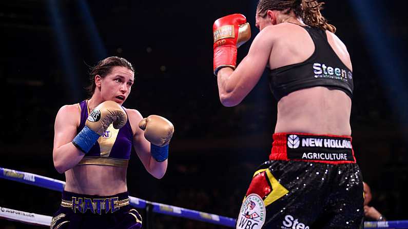 1 June 2019; Katie Taylor during her Undisputed Female World Lightweight Championship fight with Delfine Persoon at Madison Square Garden in New York, USA. Photo by Stephen McCarthy/Sportsfile