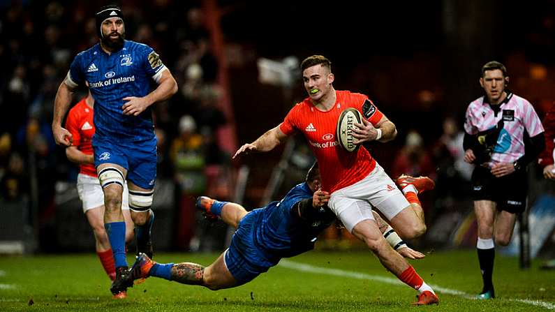 28 December 2019; Shane Daly of Munster is tackled by Andrew Porter of Leinster during the Guinness PRO14 Round 9 match between Munster and Leinster at Thomond Park in Limerick. Photo by Diarmuid Greene/Sportsfile