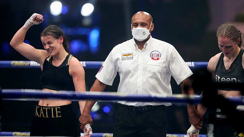 22 August 2020; Katie Taylor celebrates her victory over Delfine Persoon during their Undisputed Lightweight Titles fight at Brentwood in Essex, England. Photo by Mark Robinson / Matchroom Boxing via Sportsfile