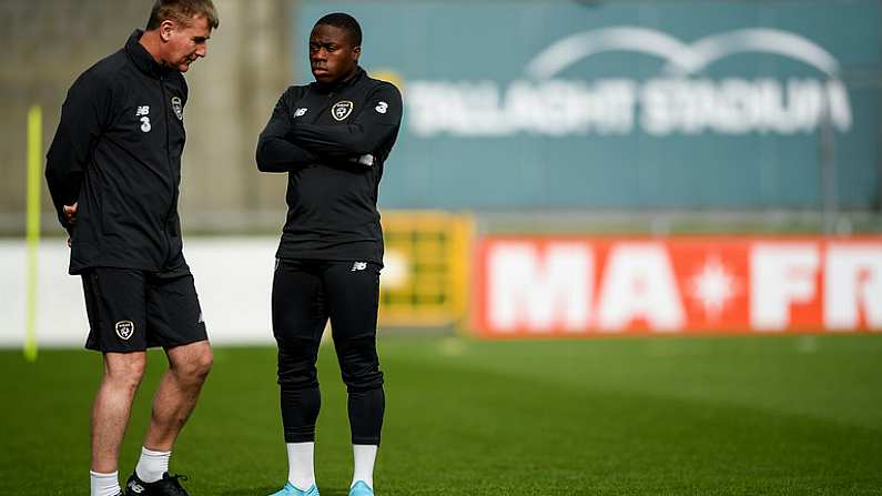 9 October 2019; Republic of Ireland U21 head coach Stephen Kenny speaks with Michael Obafemi during a Republic of Ireland U21's Training Session at Tallaght Stadium in Dublin. Photo by Harry Murphy/Sportsfile