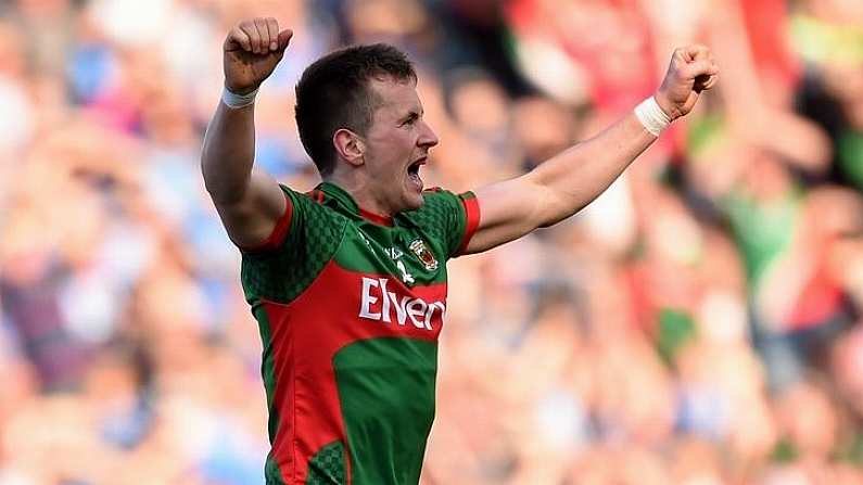 5 September 2015; Cillian O'Connor, Mayo, celebrates after scoring his side's first goal past Dublin goalkeeper Stephen Cluxton. GAA Football All-Ireland Senior Championship Semi-Final Replay, Dublin v Mayo. Croke Park, Dublin. Picture credit: Stephen McCarthy / SPORTSFILE