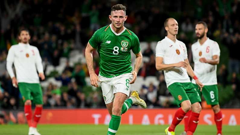 10 September 2019; Alan Browne of Republic of Ireland celebrates after scoring his side's first goal during the 3 International Friendly match between Republic of Ireland and Bulgaria at Aviva Stadium, Dublin. Photo by Stephen McCarthy/Sportsfile