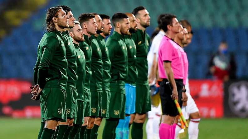 3 September 2020; Republic of Ireland players stand for Amhran na bhFiann ahead of the UEFA Nations League B match between Bulgaria and Republic of Ireland at Vasil Levski National Stadium in Sofia, Bulgaria. Photo by Alex Nicodim/Sportsfile