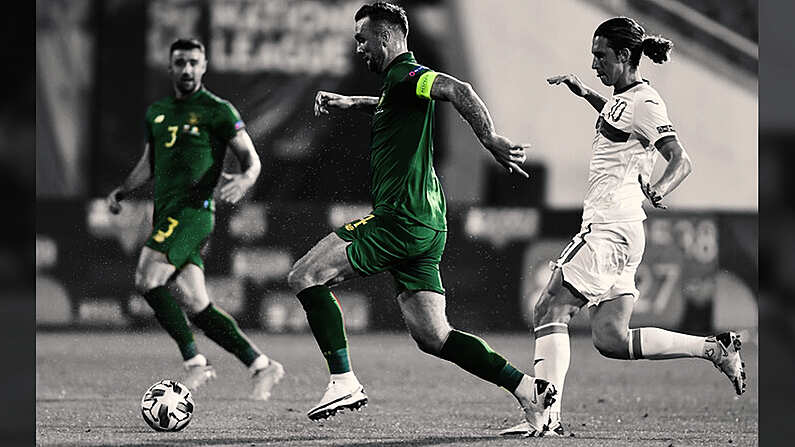 3 September 2020; Shane Duffy of Republic of Ireland in action against Bozhidar Kraev of Bulgaria during the UEFA Nations League B match between Bulgaria and Republic of Ireland at Vasil Levski National Stadium in Sofia, Bulgaria. Photo by Alex Nicodim/Sportsfile