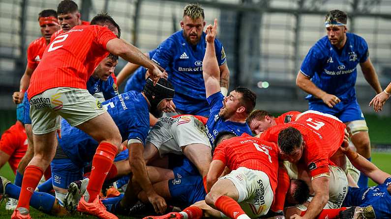 4 September 2020; Cian Healy of Leinster celebrates after team-mate Ronan Kelleher scored their side's first try during the Guinness PRO14 Semi-Final match between Leinster and Munster at the Aviva Stadium in Dublin. Photo by David Fitzgerald/Sportsfile