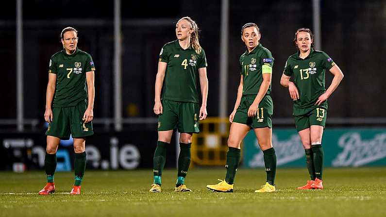 5 March 2020; Republic of Ireland players, from left, Diane Caldwell, Louise Quinn, Katie McCabe and Aine O'Gorman during the UEFA Women's 2021 European Championships Qualifier match between Republic of Ireland and Greece at Tallaght Stadium in Dublin. Photo by Seb Daly/Sportsfile