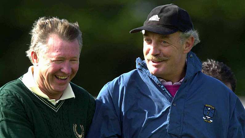 10 July 2000; Manchester United manager Alex Ferguson, left, shares a joke with financier Dermot Desmond during the JP McManus Pro-Am at Limerick Golf Club in Ballyclough, Limerick. Photo By Brendan Moran/Sportsfile