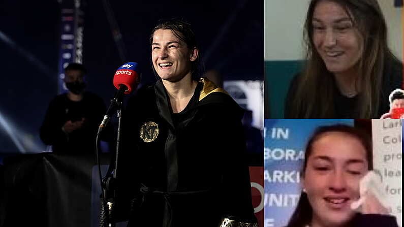 22 August 2020; Katie Taylor is interviewed after her Undisputed Lightweight Titles fight against Delfine Persoon at Brentwood in Essex, England. Photo by Mark Robinson / Matchroom Boxing via Sportsfile