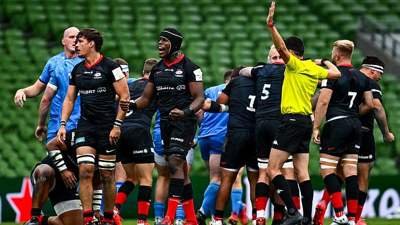 19 September 2020; Maro Itoje of Saracens celebrates a scrum penalty during the Heineken Champions Cup Quarter-Final match between Leinster and Saracens at the Aviva Stadium in Dublin. Photo by Ramsey Cardy/Sportsfile