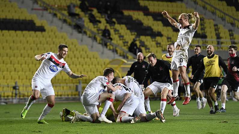 24 September 2020; Dundalk players, including Greg Sloggett, celebrate after the penalty shoot out during the UEFA Europa League Third Qualifying Round match between FC Sheriff Tiraspol and Dundalk at the Stadionul Sheriff in Tiraspol, Moldova. Photo by Alex Nicodim/Sportsfile