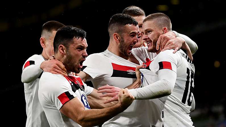 1 October 2020; Sean Murray, right, of Dundalk celebrates with team-mates, from left, Darragh Leahy, Patrick Hoban, Michael Duffy and Patrick McEleney after scoring his side's first goal during the UEFA Europa League Play-off match between Dundalk and Ki Klaksvik at the Aviva Stadium in Dublin. Photo by Stephen McCarthy/Sportsfile