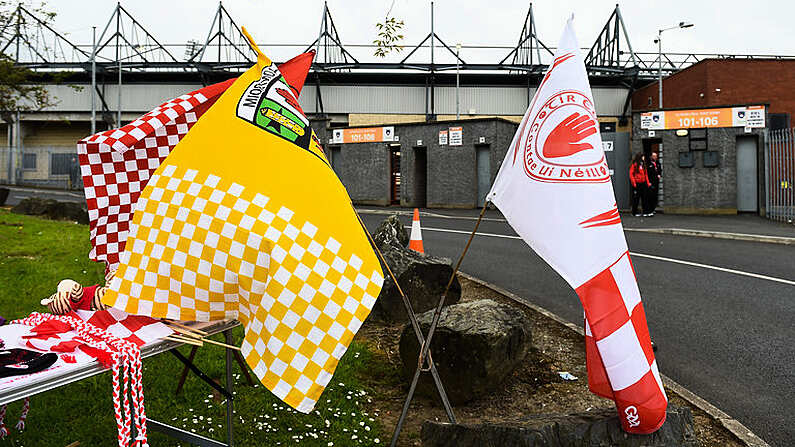 25 May 2019; A general view of flags outside the ground before the Ulster GAA Football Senior Championship Quarter-Final match between Antrim and Tyrone at the Athletic Grounds in Armagh. Photo by Oliver McVeigh/Sportsfile