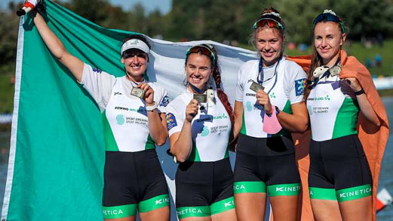 11 October 2020; Ireland rowers, from left, Aifric Keogh, Fiona Murtagh, Eimear Lambe and Aileen Crowley celebrate with their medals after winning bronze in the Women's Four W4- A Final during day three of the 2020 European Rowing Championships in Poznan, Poland. Photo by Jakub Piaseki/Sportsfile