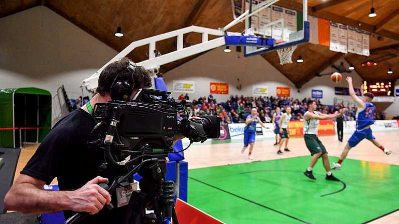 27 January 2018; A general view of a TV camera recording the action during the Hula Hoops NICC Mens National Cup Final match between Blue Demons and BC Leixlip Zalgiris at the National Basketball Arena in Tallaght, Dublin. Photo by Brendan Moran/Sportsfile