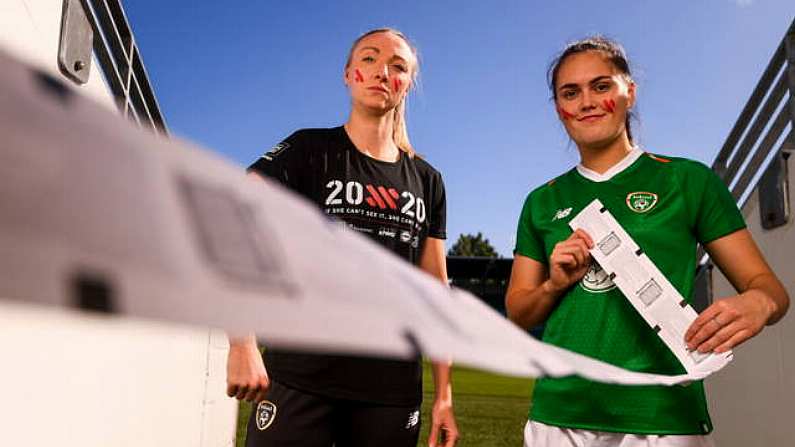 17 September 2019; Republic of Ireland internationals Louise Quinn, left, and Jess Gargan pictured at the launch of ticket sales for Republic of Ireland's UEFA Women's EURO 2021 Qualifier against Ukraine, in partnership with the 20x20 campaign, at Tallaght Stadium in Dublin. Tickets are now available at fai.ie/tickets  Photo by Stephen McCarthy/Sportsfile