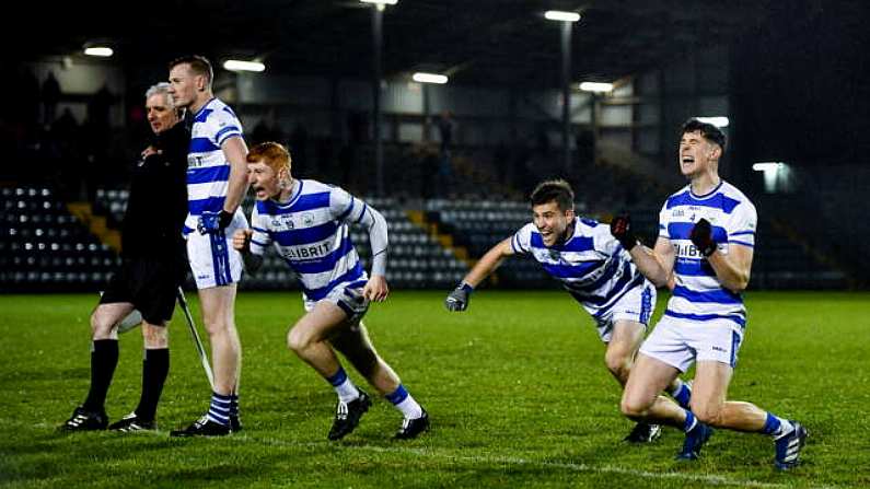 4 October 2020; Castlehaven players from left, Jack Cahalane, Shane Nolan and Rory Maguire celebrate winning the penalty shoot out following the Cork County Premier Senior Football Championship Semi-Final match between Castlehaven and St. Finbarr's at Pairc Ui Rinn in Cork. Photo by Sam Barnes/Sportsfile