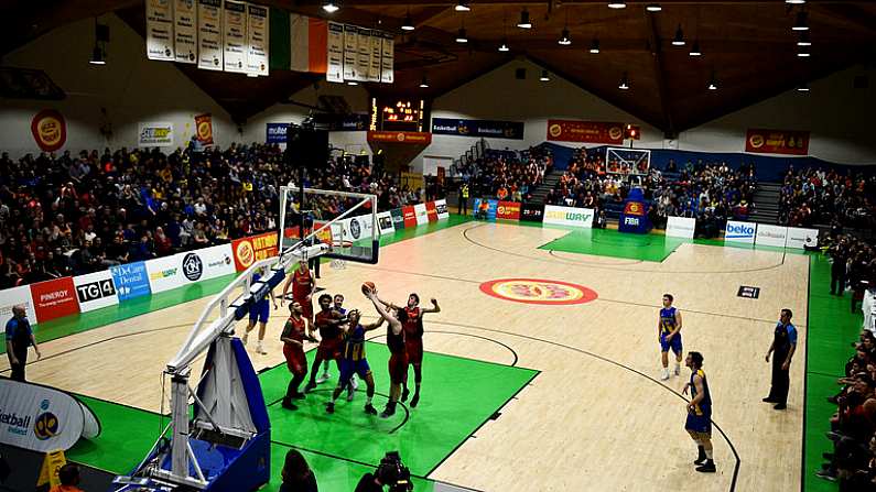 26 January 2019; A general view of action during the Hula Hoops Mens Pat Duffy National Cup Final match between Pyrobel Killester and UCD Marian at the National Basketball Arena in Tallaght, Dublin. Photo by Eoin Noonan/Sportsfile