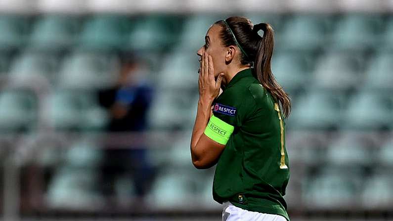 23 October 2020; Katie McCabe of Republic of Ireland reacts after missing a penalty during the UEFA Women's EURO 2022 Qualifier match between Ukraine and Republic of Ireland at the Obolon Arena in Kyiv, Ukraine. Photo by Stephen McCarthy/Sportsfile