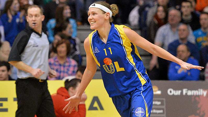 25 January 2013; Rachael Vanderwal, UL Huskies, celebrates at the final buzzer. 2013 Nivea Women's Superleague National Cup Final, UL Huskies v Team Montenotte Hotel Cork, National Basketball Arena, Tallaght, Dublin. Picture credit: Brendan Moran / SPORTSFILE