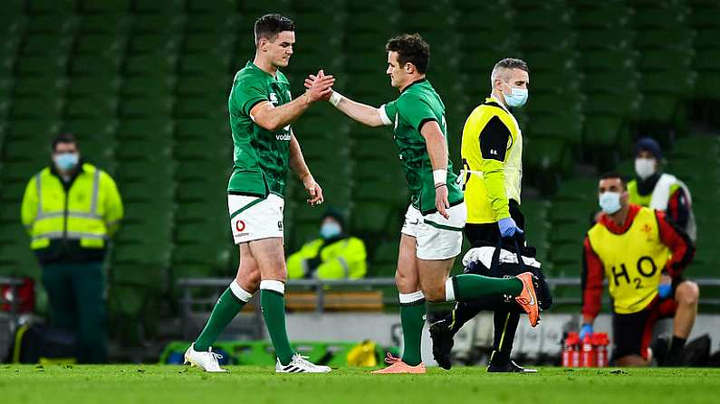 13 November 2020; Billy Burns of Ireland, right, comes on to replace injured team-mate Jonathan Sexton during the Autumn Nations Cup match between Ireland and Wales at Aviva Stadium in Dublin. Photo by David Fitzgerald/Sportsfile