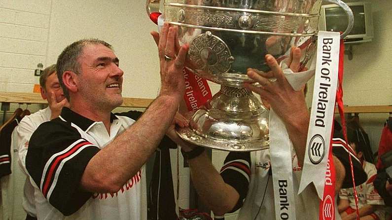 28 September 2003; Tyrone manager Mickey Harte with the Sam Maguire cup after victory over Armagh. Bank of Ireland All-Ireland Senior Football Championship Final, Armagh v Tyrone, Croke Park, Dublin. Picture credit; Brendan Moran / SPORTSFILE