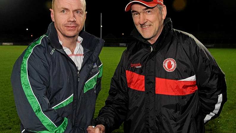 18 January 2012; Fermanagh manager Peter Canavan, left, and Tyrone manager Mickey Harte shake hands before the game. Power NI Dr. McKenna Cup, Section A, Tyrone v Fermanagh, Healy Park, Omagh, Co. Tyrone. Picture credit: Oliver McVeigh / SPORTSFILE