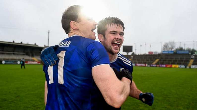 15 November 2020; Gearoid McKiernan, left, and Thomas Galligan of Cavan celebrate after the Ulster GAA Football Senior Championship Semi-Final match between Cavan and Down at Athletic Grounds in Armagh. Photo by Daire Brennan/Sportsfile