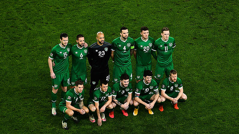 18 November 2020; Republic of Ireland team, back row, from left, Kevin Long, Conor Hourihane, Darren Randolph, Shane Duffy, Dara O'Shea and Ronan Curtis. Front row, from left, James Collins, Jason Knight, Ryan Manning, Robbie Brady and Daryl Horgan ahead of the UEFA Nations League B match between Republic of Ireland and Bulgaria at the Aviva Stadium in Dublin. Photo by Eoin Noonan/Sportsfile