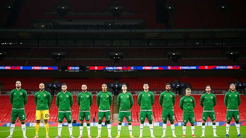 12 November 2020; Republic of Ireland players stand for the national anthems prior to the International Friendly match between England and Republic of Ireland at Wembley Stadium in London, England. Photo by Stephen McCarthy/Sportsfile