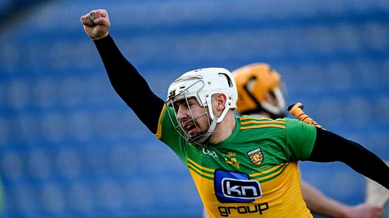 22 November 2020; Davin Flynn of Donegal celebrates scoring his side's second goal during the Nickey Rackard Cup Final match between Donegal and Mayo at Croke Park in Dublin. Photo by Piaras O Midheach/Sportsfile