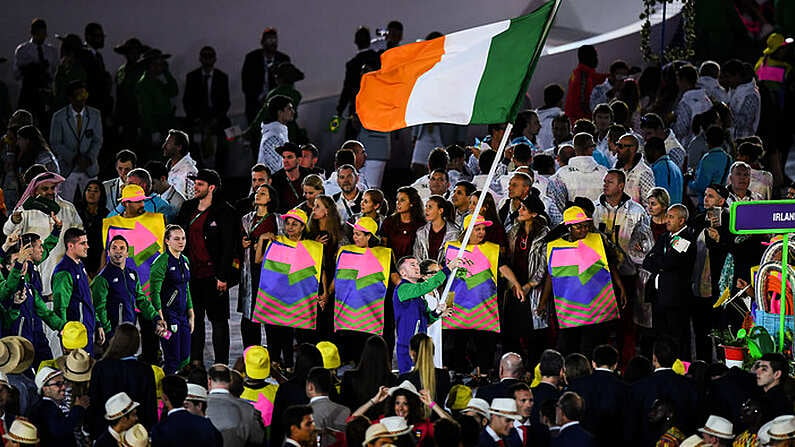 5 August 2016; Flagbearer Paddy Barnes of Ireland leads his team during the parade of nations at the opening ceremony of the 2016 Rio Summer Olympic Games at the Maracana Stadium in Rio de Janeiro, Brazil. Photo by Brendan Moran/Sportsfile