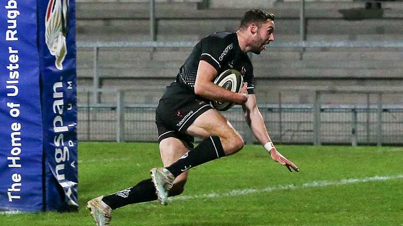 12 December 2020; Aaron Sexton of Ulster A scores the winning try during the A Interprovincial Friendly between Ulster A and Munster A at Kingspan Stadium, Ravenhill Park, Belfast, Northern Ireland. Photo by John Dickson/Sportsfile