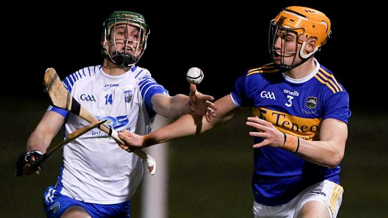 15 December 2020; Michael Kiely of Waterford in action against Connor Whelan of Tipperary during the Bord Gais Energy Munster GAA Hurling U20 Championship Semi-Final match between Waterford and Tipperary at Fraher Field in Dungarvan, Waterford. Photo by Matt Browne/Sportsfile