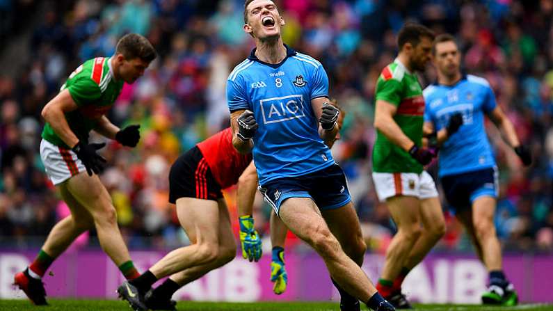 10 August 2019; Brian Fenton of Dublin celebrates after scoring his side's third goal during the GAA Football All-Ireland Senior Championship Semi-Final match between Dublin and Mayo at Croke Park in Dublin. Photo by Ramsey Cardy/Sportsfile