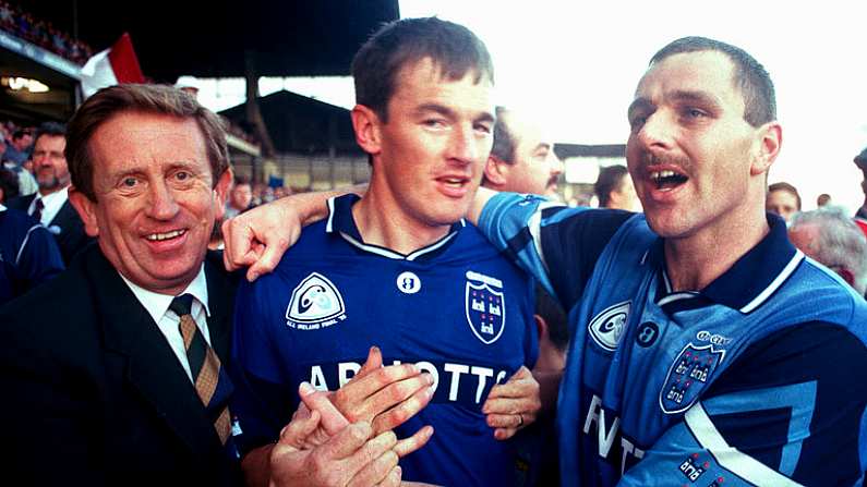 17 September 1995; Dublin captain John O'Leary, centre, with Chief Steward John Leonard, left, and Ciaran Walsh after the GAA Football All-Ireland Senior Champtionship Final match between Dublin and Tyrone at Croke Park in Dublin. Photo by Ray McManus/Sportsfile