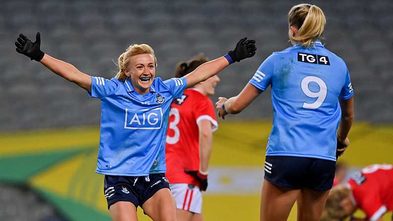 20 December 2020; Carla Rowe, left, and Jennifer Dunne of Dublin celebrate at the final whistle of the TG4 All-Ireland Senior Ladies Football Championship Final match between Cork and Dublin at Croke Park in Dublin. Photo by Brendan Moran/Sportsfile