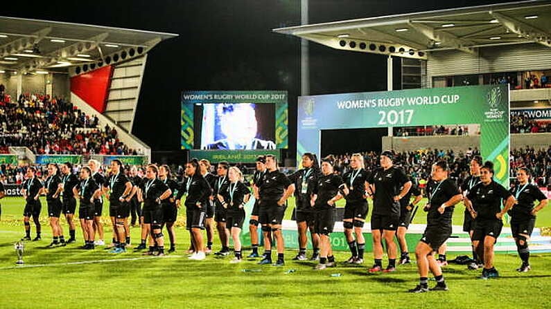 26 August 2017; New Zealand celebration Haka after the 2017 Women's Rugby World Cup Final at Kingspan Stadium in Belfast. Photo by John Dickson/Sportsfile