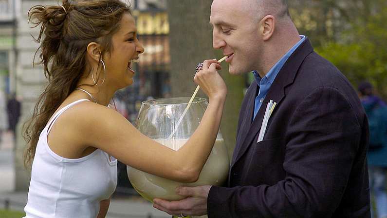 9 March 2004; Former Ireland International Rugby captain Keith Wood with model Roberta Rowat at the launch of Dawn Omega Milk at St. Stephen's Green in Dublin. Photo by Brian Lawless/Sportsfile