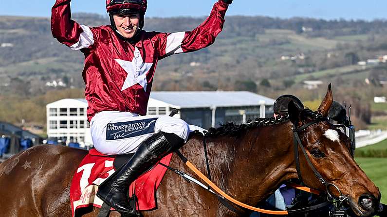 17 March 2021; Jockey Keith Donoghue celebrates after winning The Glenfarclas Cross Country Steeple Chase on Tiger Roll on day 2 of the Cheltenham Racing Festival at Prestbury Park in Cheltenham, England. Photo by Hugh Routledge/Sportsfile