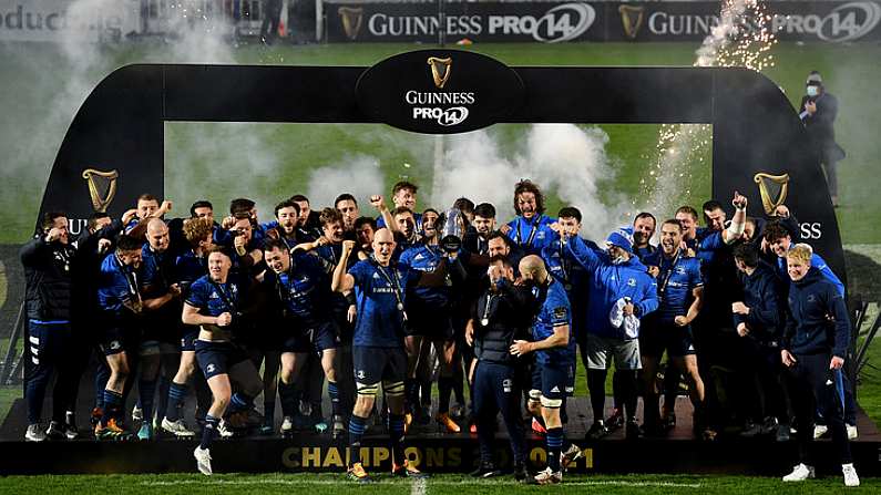 27 March 2021; Devin Toner of Leinster lifts the PRO14 trophy alongside his teammates following the Guinness PRO14 Final match between Leinster and Munster at the RDS Arena in Dublin. Photo by Brendan Moran/Sportsfile