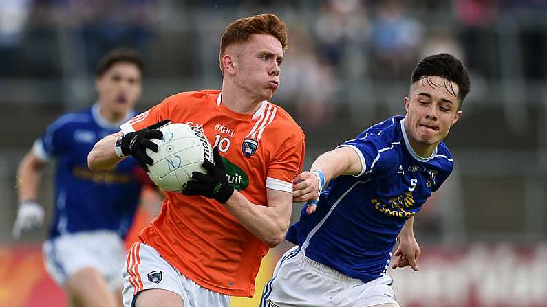 29 May 2016; Ross McQuillan of Armagh in action against Darragh Kennedy of Cavan during the Electric Ireland Ulster GAA Football Minor Championship quarter-final between Cavan and Armagh in Kingspan Breffni Park, Cavan. Photo by Oliver McVeigh/Sportsfile