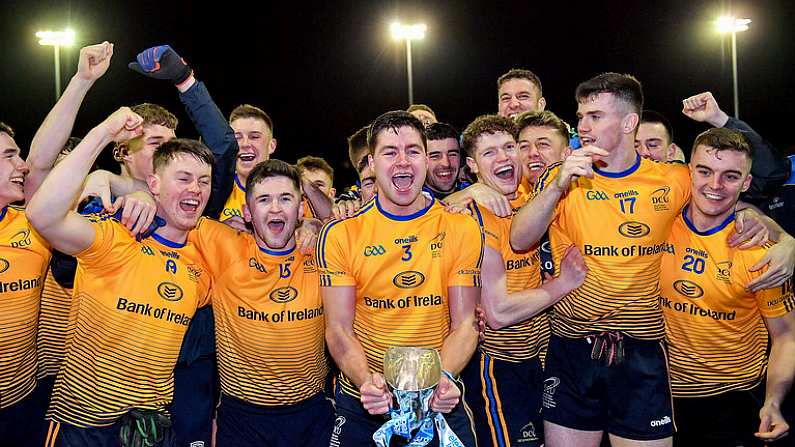 29 January 2020; DCU Dochas Eireann captain Brendan McCole, centre, celebrates with team-mates following his side's victory of the Sigerson Cup Final match between DCU Dochas Eireann and IT Carlow at Dublin City University Sportsgrounds in Glasnevin, Dublin. Photo by Seb Daly/Sportsfile