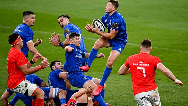 4 September 2020; Jordan Larmour of Leinster during the Guinness PRO14 Semi-Final match between Leinster and Munster at the Aviva Stadium in Dublin. Photo by Ramsey Cardy/Sportsfile