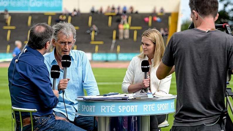 20 July 2014; RTE athletics analyst and coach Jerry Kiernan, centre, and Irish 100m record holder Ailis McSweeney with presenter Peter Collins. GloHealth Senior Track and Field Championships, Morton Stadium, Santry, Co. Dublin. Picture credit: Brendan Moran / SPORTSFILE