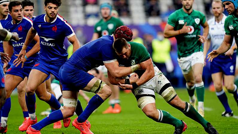 31 October 2020; CJ Stander of Ireland is tackled by Bernard le Roux of France during the Guinness Six Nations Rugby Championship match between France and Ireland at Stade de France in Paris, France. Photo by Sportsfile